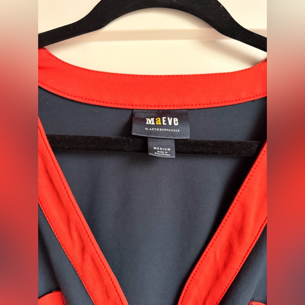 Anthropologie Navy Blue Long Cardigan with Coral Red Trim - Picture 3 of 4